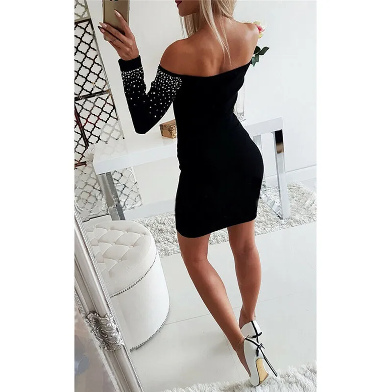 Women Bodycon Dress Patchwork Design Diamond Decor Off Shoulder Long Sleeve Solid Color Autumn Party Slim Hip Mini Dress
Women Bodycon Dress Patchwork Design Diamond Decor Off Shoulder Long Sleeve Solid Color Autumn Party Slim Hip Mini Dress