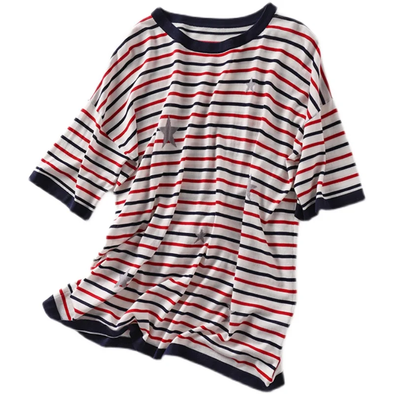 Wear light and good temperament in summer, heavy industry star jacquard + striped lyocell knitted T-shirt
Wear light and good temperament in summer, heavy industry star jacquard + striped lyocell knitted T-shirt