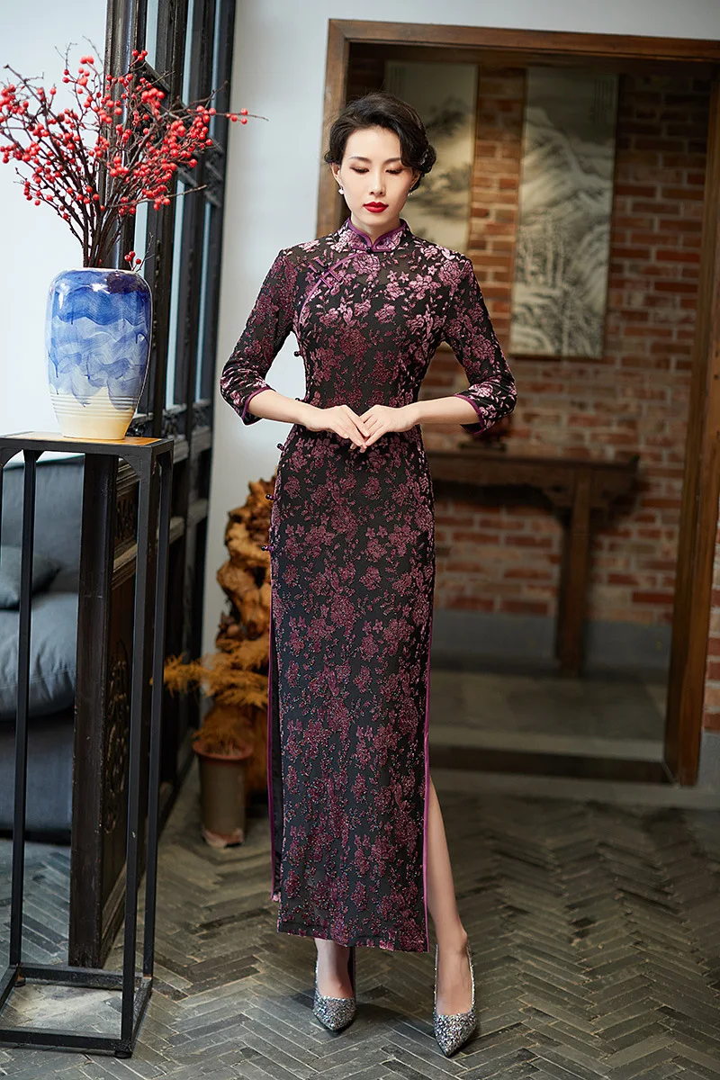 

Three-Quarter Sleeve Slim Qipao Female Classic Floral Printed Mandarin Collar Cheongsams Elegant Side Slit Chinese Dress Gown