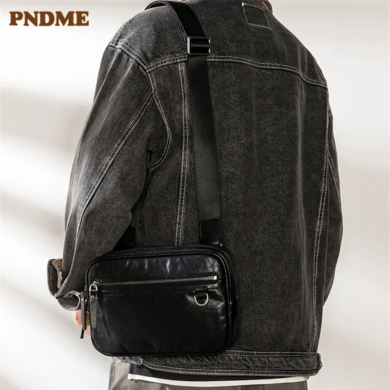 

PNDME Уличная Повседневная мужская черная сумка через плечо из натуральной кожи, Высококачественная молодежная сумка-мессенджер из воловьей ...