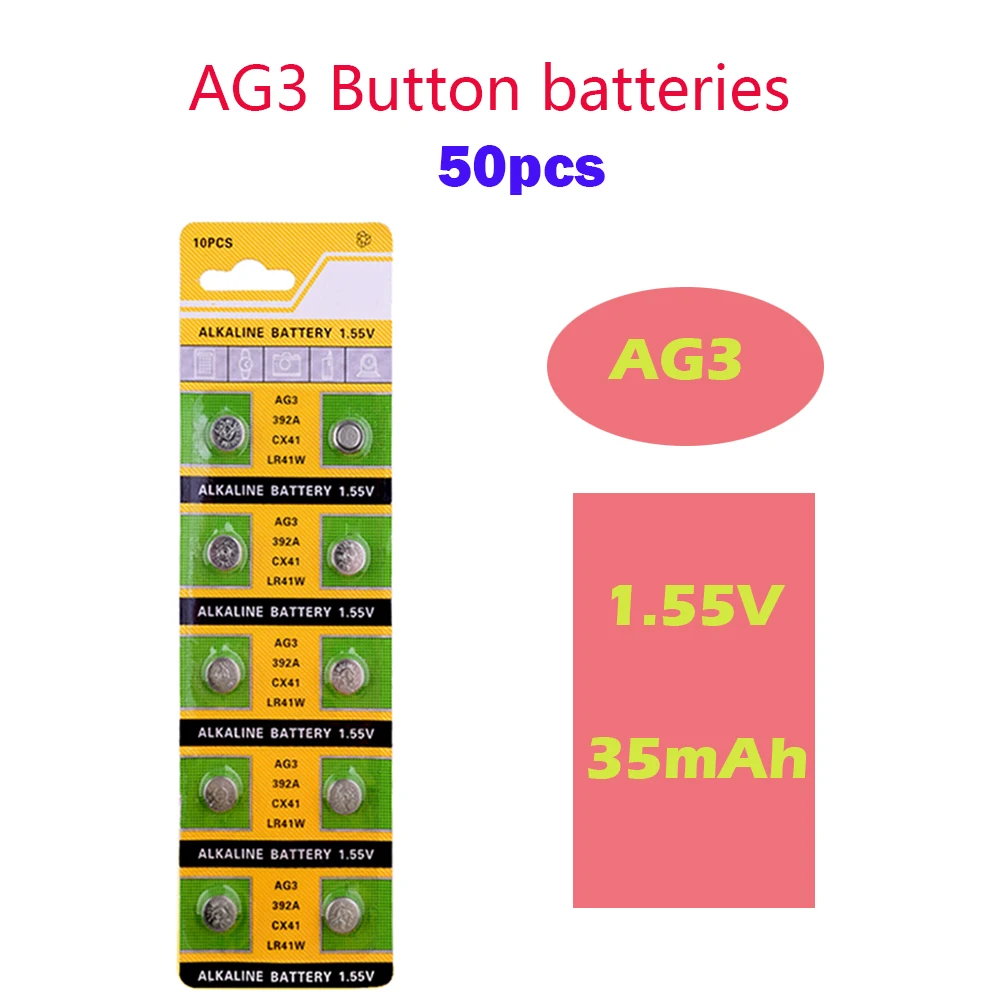AG3 50pcs=5Card 35mAh Alkaline 1.55V Button Battery SR41 192 1.55V L736 384 SR41SW LR41 CX41 392 For Watch Toy Remote Control
AG3 50pcs=5Card 35mAh Alkaline 1.55V Button Battery SR41 192 1.55V L736 384 SR41SW LR41 CX41 392 For Watch Toy Remote Control