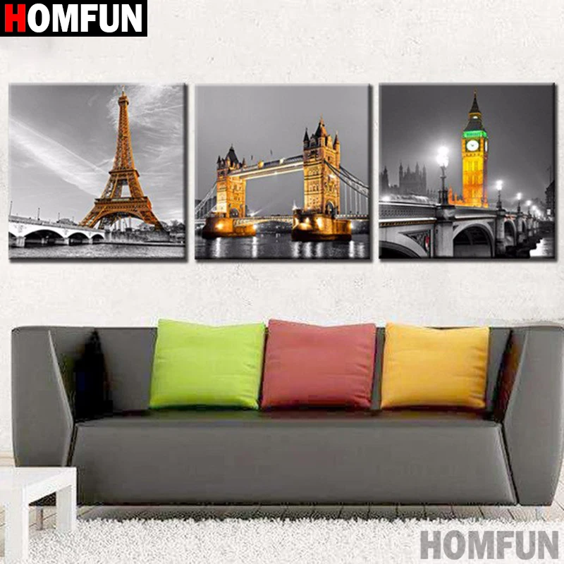 HOMFUN 3 шт. полный квадратный/круглый дрель 5D DIY алмазная живопись "Парижские