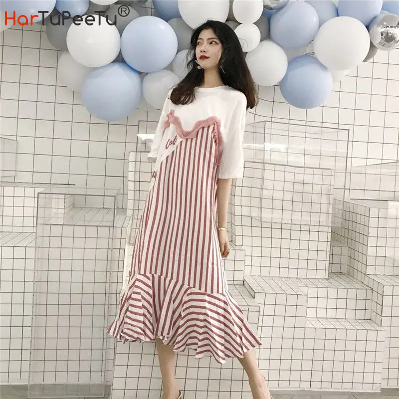 Large Size Women Striped Stitching Dress Female Summer New Long Korean Style Loose Short-Sleeved Over Knee Length Asymmetrical 
Large Size Women Striped Stitching Dress Female Summer New Long Korean Style Loose Short-Sleeved Over Knee Length Asymmetrical