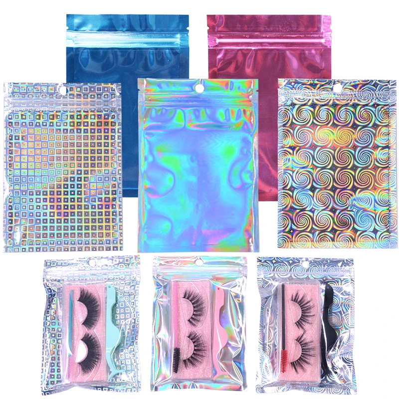 

Newest 100/50pcs Wholesale Pink Gold Blue Holigraphic 3D Fake Eyelash Packaging Bag Jewelry Gift Lashes Baggies Box