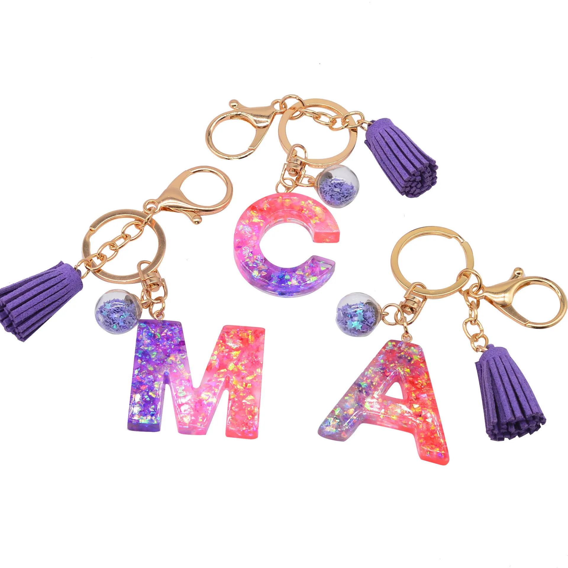 Fashion Resin Flash Powder Letters Key Chain Clash Color Splicing Tassel Pendant Purple Glue English Word Key Lovely Gift 
Fashion Resin Flash Powder Letters Key Chain Clash Color Splicing Tassel Pendant Purple Glue English Word Key Lovely Gift