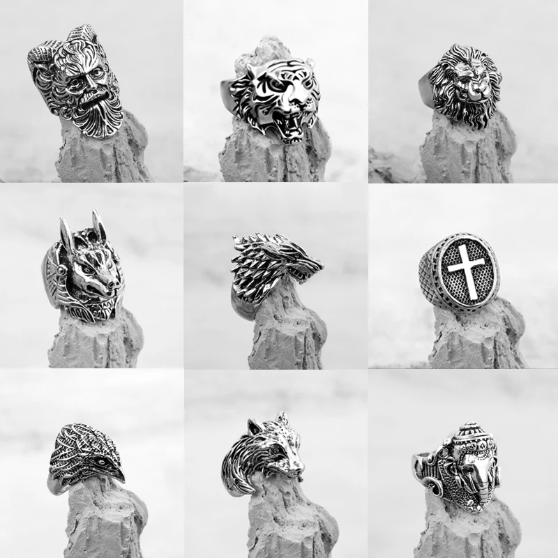 Vintage Gothic Wolf Head Ring Men Bull Head Skull Spider Eagle Lion Dragon Cross Snake Men Ring Punk Jewelry Evil Eye Ball Gift
Vintage Gothic Wolf Head Ring Men Bull Head Skull Spider Eagle Lion Dragon Cross Snake Men Ring Punk Jewelry Evil Eye Ball Gift