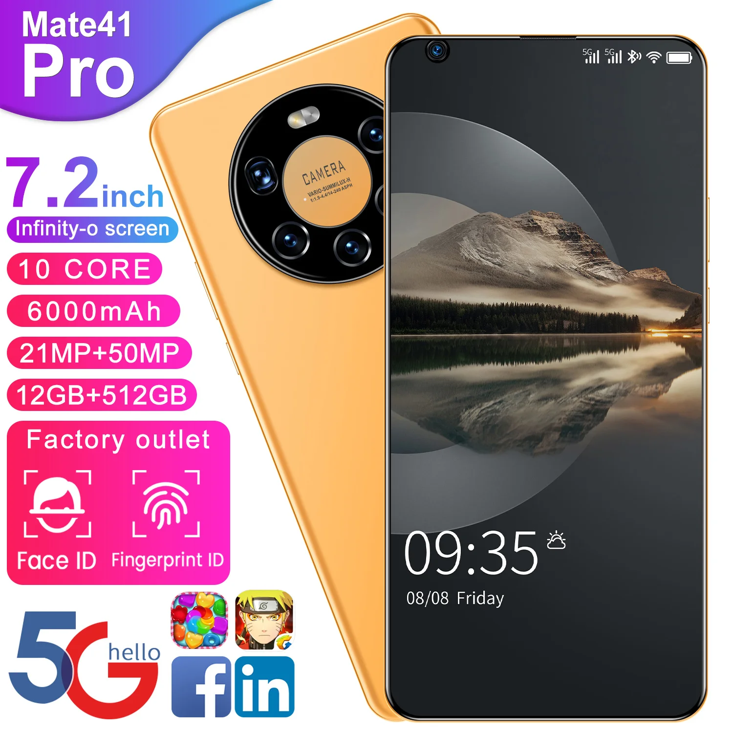 Latest Mate41Pro 7.2inch FHD+ O-Screen 21MP+50MP Camera Face&Screen Fingerprint Unlock 6000mAh Battery Mobilephone 5G Smartphone
Latest Mate41Pro 7.2inch FHD+ O-Screen 21MP+50MP Camera Face&Screen Fingerprint Unlock 6000mAh Battery Mobilephone 5G Smartphone