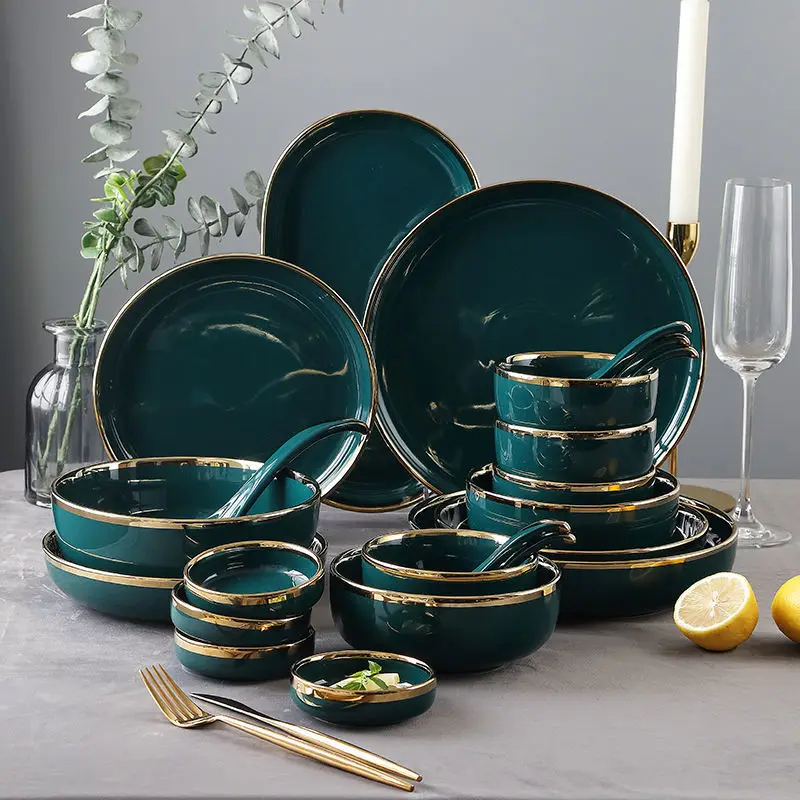 

Nordic светильник роскошный золотой каймой изумрудно-керамическая посуда набор посуды, блюда и тарелки наборы nordic кухня
