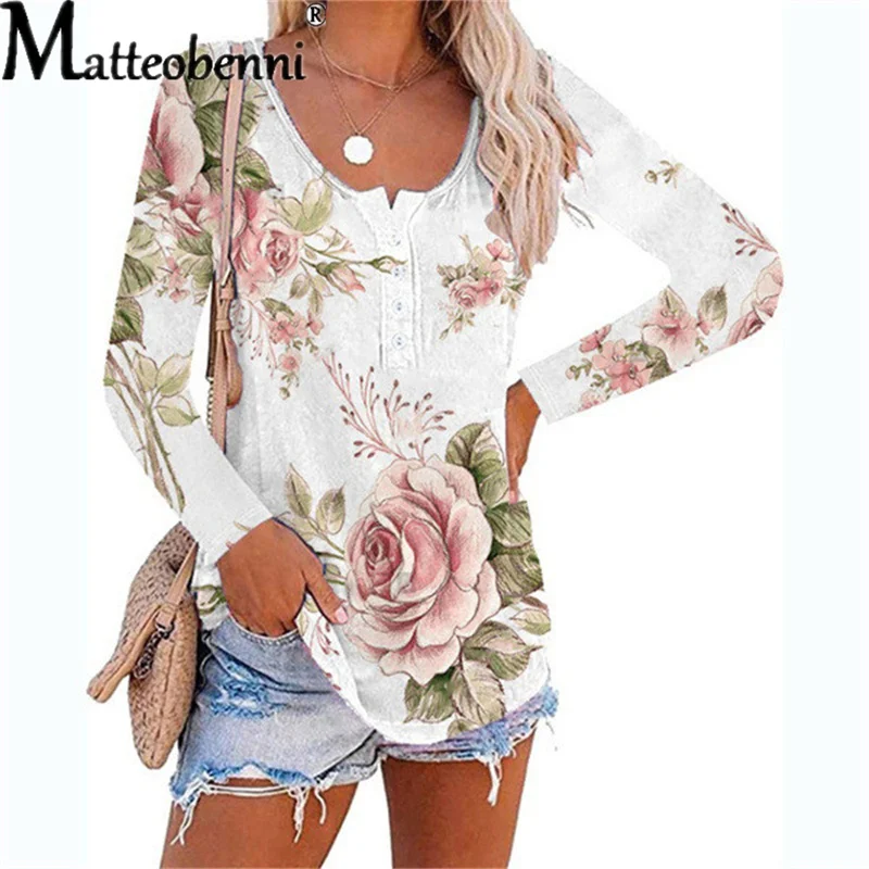 2021 Autumn Flower Print T-Shirt Women Casual Long Sleeve Round Neck Button Tops Fashion Elegant Pullover Loose Straight T-Shirt
2021 Autumn Flower Print T-Shirt Women Casual Long Sleeve Round Neck Button Tops Fashion Elegant Pullover Loose Straight T-Shirt
