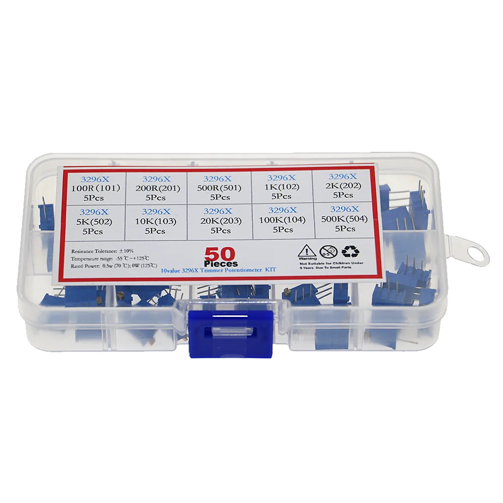 50pcs 3296X series 100R 500R 1K 2K 5K 10K 20K 50K 100K 500K multi-turn potentiometer Variable resistors With box set
50pcs 3296X series 100R 500R 1K 2K 5K 10K 20K 50K 100K 500K multi-turn potentiometer Variable resistors With box set