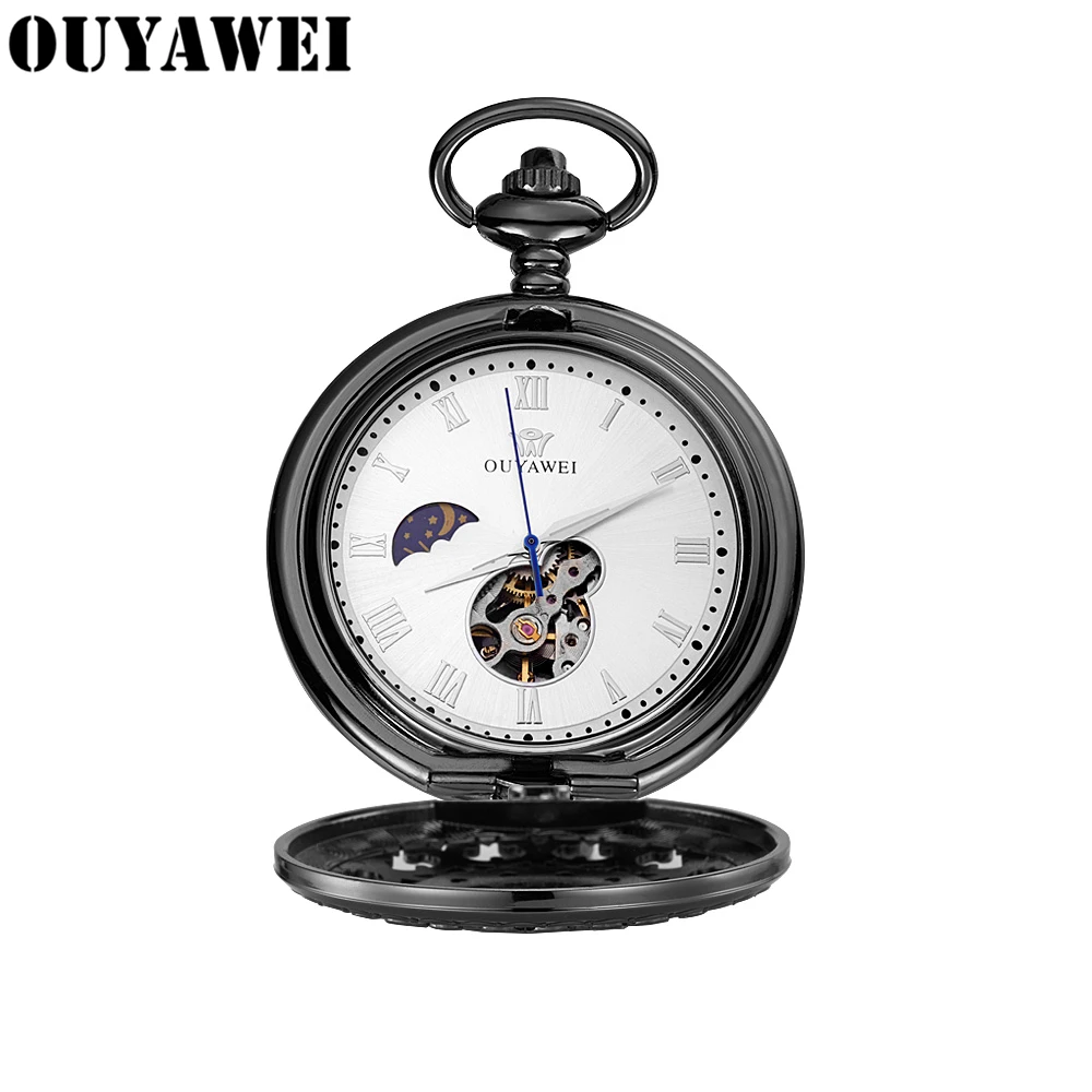 Стильные Механические карманные часы OUYAWEI с полым стальным черным корпусом