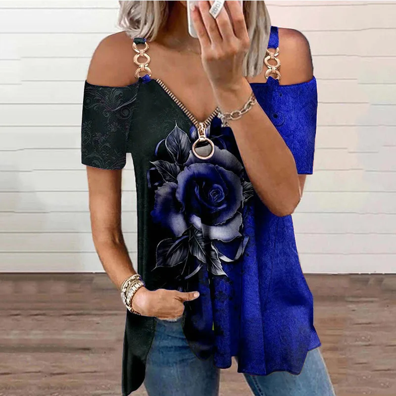 Summer Sexy V-neck Strapless Women's Tops Rose Printing Stitching Color Loose T-shirt Blouse Large Size Pullover T-shirt
Summer Sexy V-neck Strapless Women's Tops Rose Printing Stitching Color Loose T-shirt Blouse Large Size Pullover T-shirt