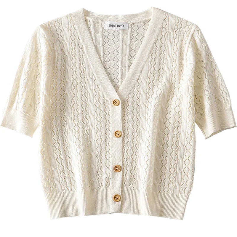 French Style Retro Summer New Women's Single-Breasted V-neck Short-Sleeved Sweater Hollow-out Short Cardigan Thin 
French Style Retro Summer New Women's Single-Breasted V-neck Short-Sleeved Sweater Hollow-out Short Cardigan Thin