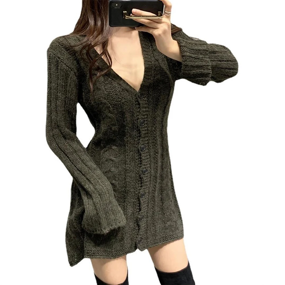 V Neck Mini Dresses Sexy Simple-Breasted Cardigan Women's Long Sleeve Knitwear Casual Tunic Dress Sweater Plain Slim Fit Tops
V Neck Mini Dresses Sexy Simple-Breasted Cardigan Women's Long Sleeve Knitwear Casual Tunic Dress Sweater Plain Slim Fit Tops