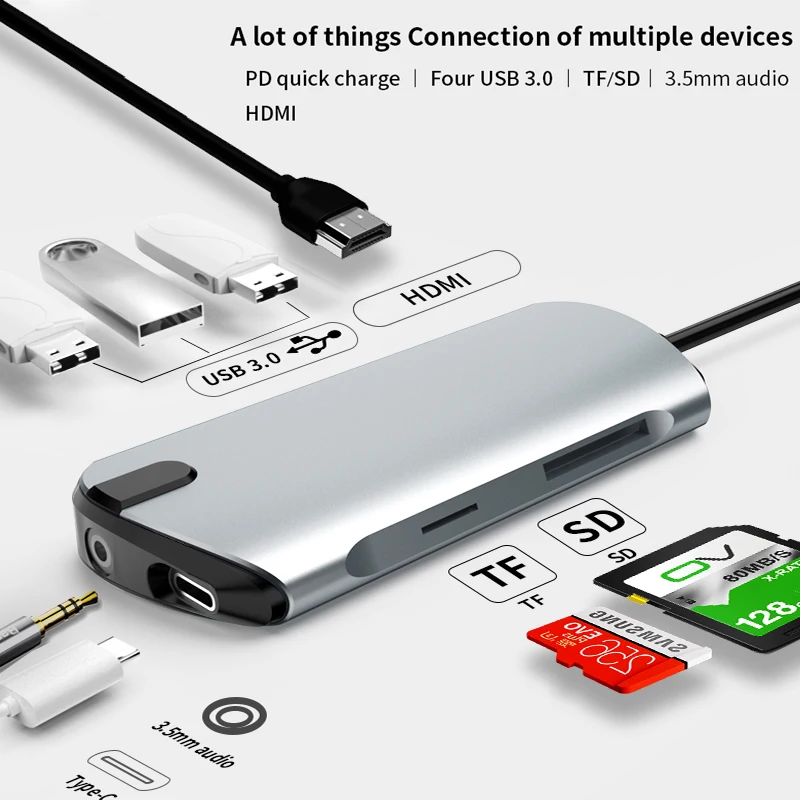 8 в 1 Usb C зарядный блок питания Usb порт коннектор 8 в 1 концентратор адаптер type-c док-станция c Тип концентратор 
8 в 1 Usb C зарядный блок питания Usb порт коннектор 8 в 1 концентратор адаптер type-c док-станция c Тип концентратор