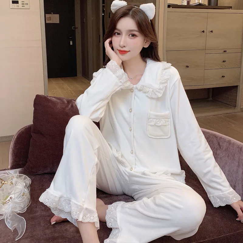 Thicken Island Fleece Women Pajamas Sets 2PCS Lace Trim Pyjamas Suit Sexy Turn-Down Collar Sleepwear Long Lady Home Nightwear
Thicken Island Fleece Women Pajamas Sets 2PCS Lace Trim Pyjamas Suit Sexy Turn-Down Collar Sleepwear Long Lady Home Nightwear