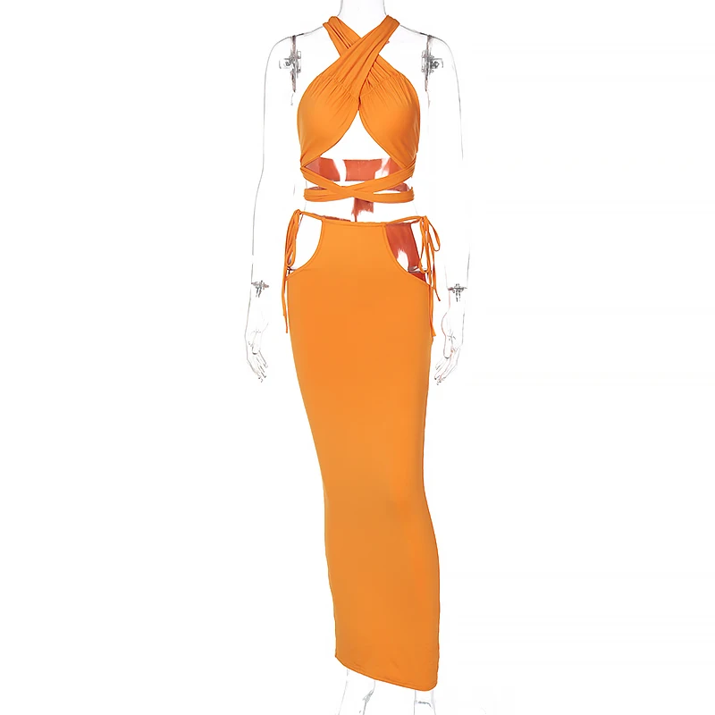 2021 Summer Women Streetwear Club Outfits Y2K Solid Sexy Backless Halter Crop Top Hollow Out Bandage Skirt 2 Pieces Set
2021 Summer Women Streetwear Club Outfits Y2K Solid Sexy Backless Halter Crop Top Hollow Out Bandage Skirt 2 Pieces Set
