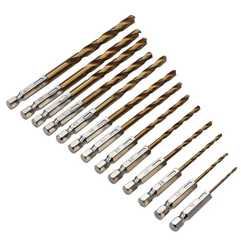 13PCS/SET 1.5-6.5MM HSS High Speed Steel Titanium Coated 1/4 Hex Shank Drilling Bit Set Tools