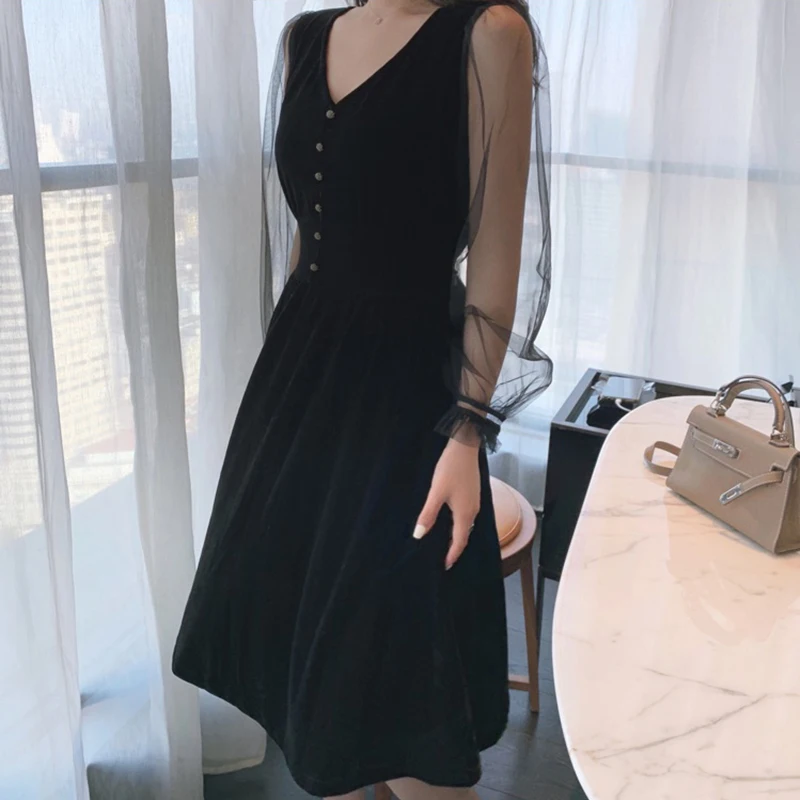 Elegant Velour High Waist Dress Lace Up Sexy Mesh Long Lantern Sleeve Vogue Patchwork V-Neck Party Wear Chic Women 2021 Autumn
Elegant Velour High Waist Dress Lace Up Sexy Mesh Long Lantern Sleeve Vogue Patchwork V-Neck Party Wear Chic Women 2021 Autumn