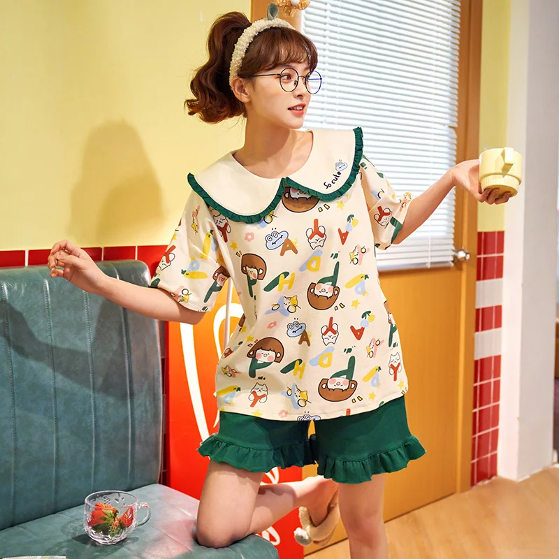 Cute Cartoon Women Summer Short Sleeve Shorts Pajamas Set Cotton Casual All Match Loose Homewear Fashion Green Lace Sleepwear
Cute Cartoon Women Summer Short Sleeve Shorts Pajamas Set Cotton Casual All Match Loose Homewear Fashion Green Lace Sleepwear