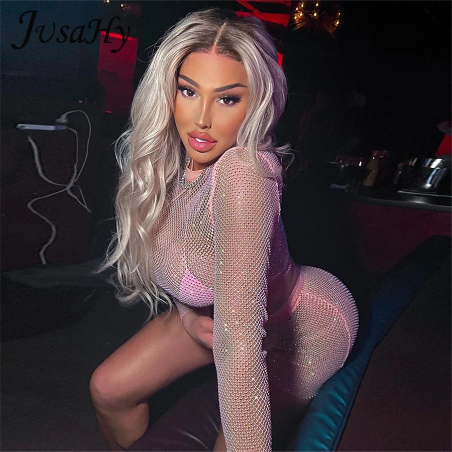 JuSaHy Sexy Mesh See Through Women's Two Pieces Sets Long Sleeves Crop Top And Mini Skirts Summer Hot Midnight Party Clubwear 
JuSaHy Sexy Mesh See Through Women's Two Pieces Sets Long Sleeves Crop Top And Mini Skirts Summer Hot Midnight Party Clubwear