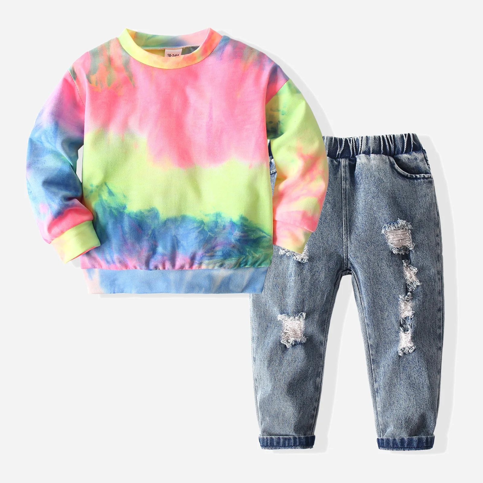 Hot new childrens wear 2021 spring European and American girlsRainbow tie dyed sweater, perforated jeans suit, sweater + jeans
Hot new childrens wear 2021 spring European and American girlsRainbow tie dyed sweater, perforated jeans suit, sweater + jeans