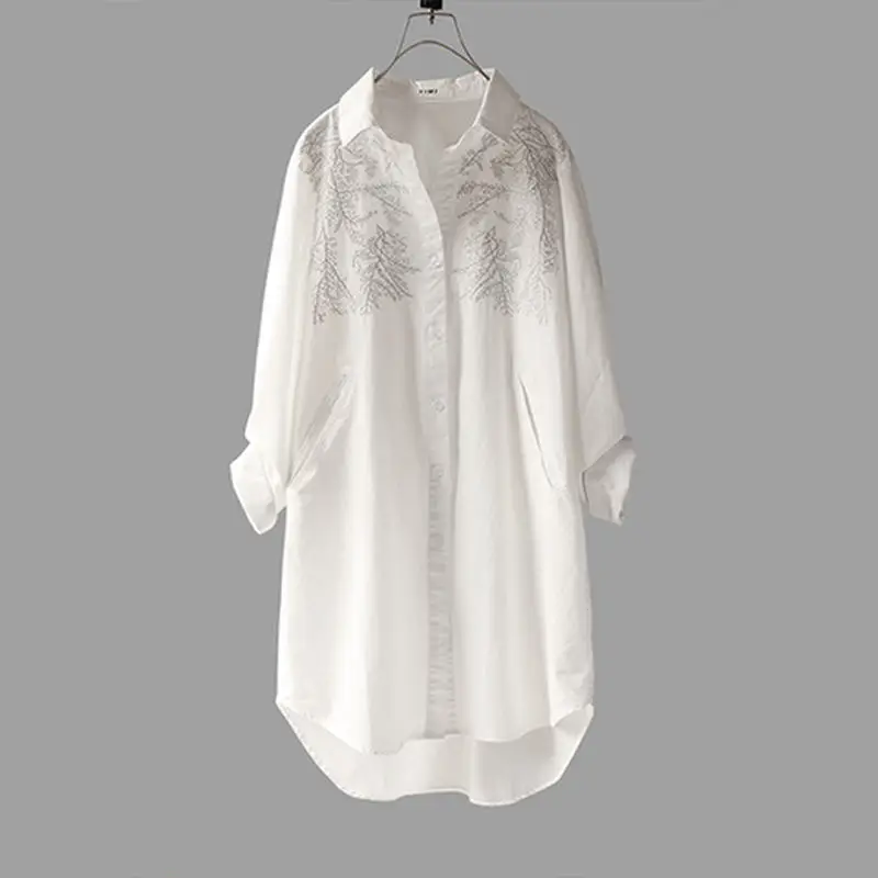 Women White Shirt Casual Coat Thin Embroidery Blouse Sun Protection Top Medium Long Cotton Shirts Outerwear Jacket Female
Women White Shirt Casual Coat Thin Embroidery Blouse Sun Protection Top Medium Long Cotton Shirts Outerwear Jacket Female