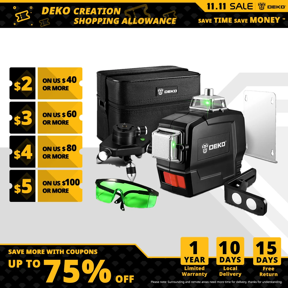 DEKO LMDKLL12PB 12 Lines 3D Green Laser Level Horizontal And Vertical Cross Lines With Auto Self-Leveling Indoors and Outdoors
DEKO LMDKLL12PB 12 Lines 3D Green Laser Level Horizontal And Vertical Cross Lines With Auto Self-Leveling Indoors and Outdoors