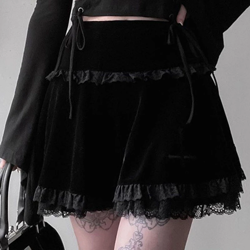Женская бархатная плиссированная мини-юбка, готическая Черная винтажная юбка с высокой талией и оборками, одежда в стиле Харадзюку 
Женская бархатная плиссированная мини-юбка, готическая Черная винтажная юбка с высокой талией и оборками, одежда в стиле Харадзюку
