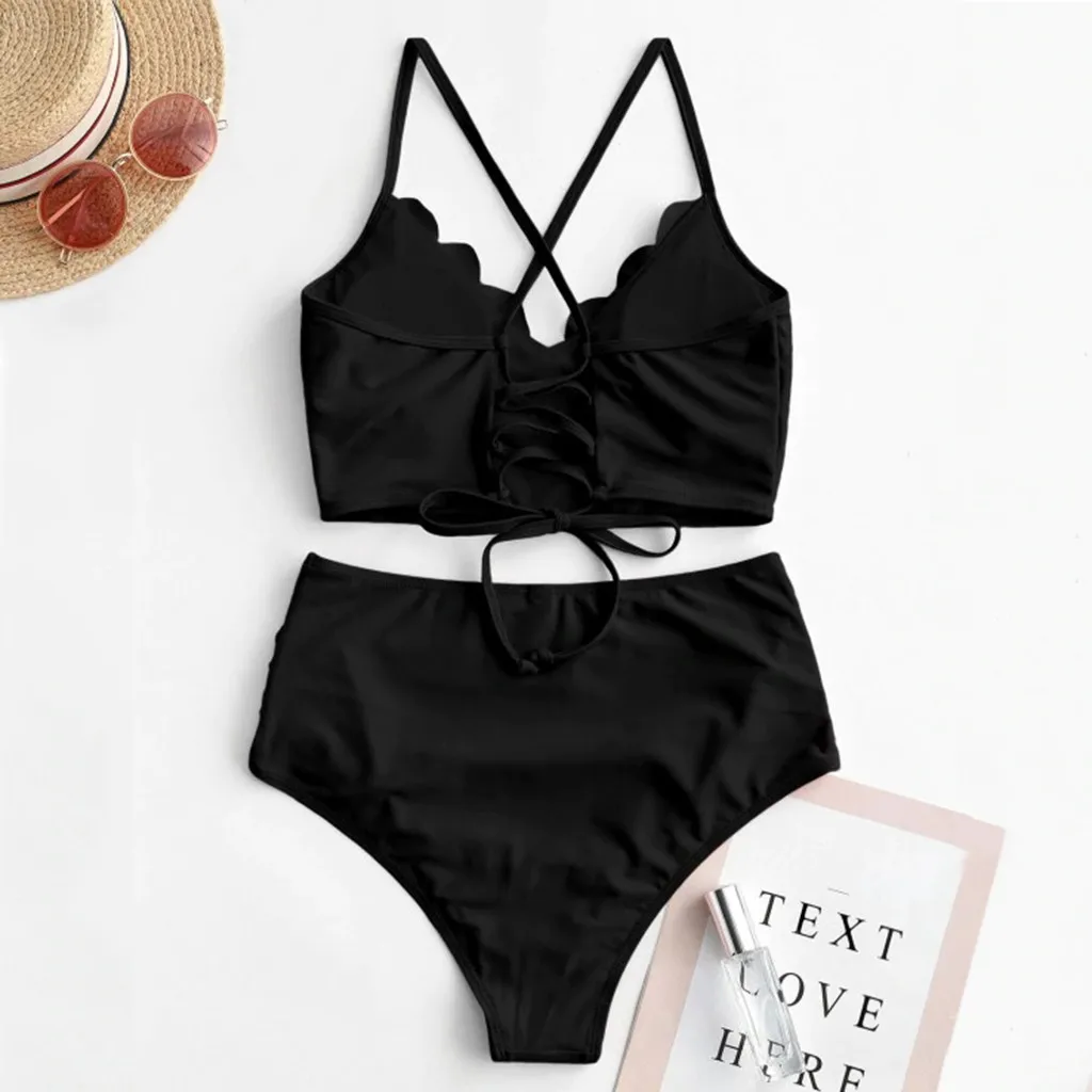 Scalloped Crisscross Lace-up Ruched Tankini Swimsuit For Women Criss Cross Crop Top Removable Padded Petal Side Back Strap #T1G1 | Женская