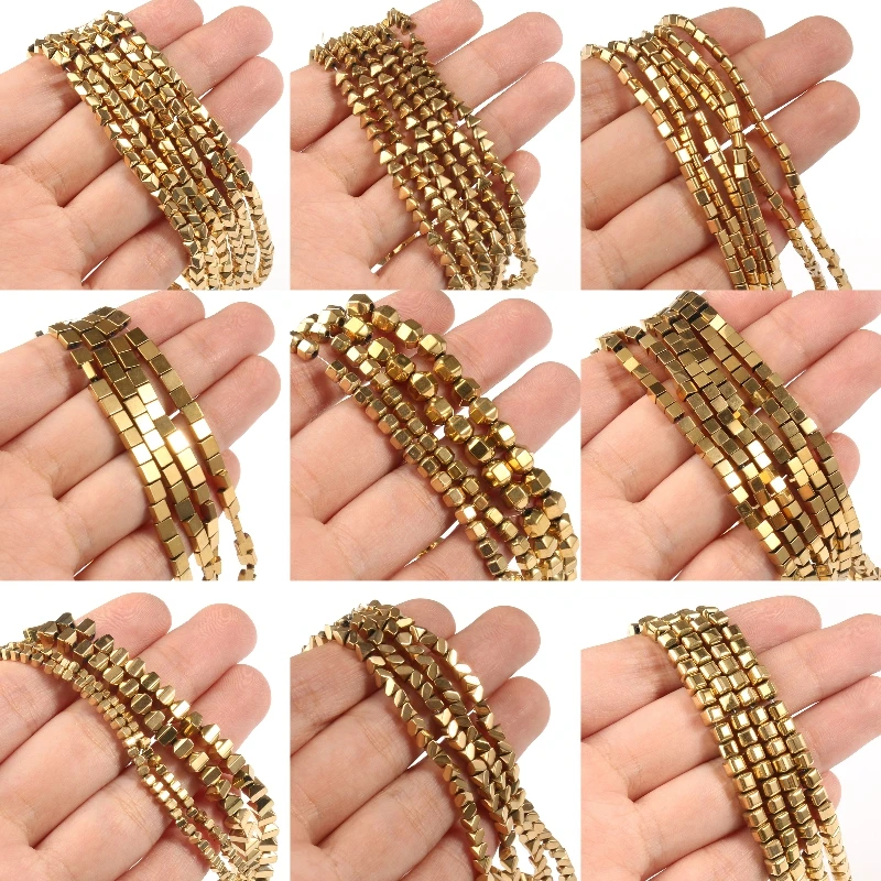 

AAA+ Color Retention Gold-Plated Hematite Beads Natural Stone Round Cube Spacer Loose Beads for jewelry Making DIY Bracelet 15''