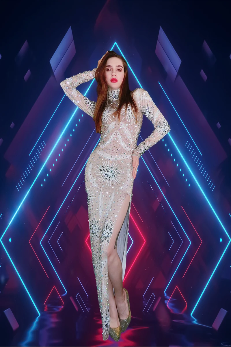 Women Birthday Prom Evening Party Rhinestones Dresses Fashion Slim Fit Crystals Slit Long Dress Singer Host Luxury Costume
Women Birthday Prom Evening Party Rhinestones Dresses Fashion Slim Fit Crystals Slit Long Dress Singer Host Luxury Costume