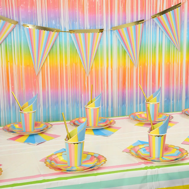 63Pcs Rainbow Party Disposable Tableware Set Bronzing Plates Cups Napkins Colorful Birthday Party Decorations Wedding Supplies 
63Pcs Rainbow Party Disposable Tableware Set Bronzing Plates Cups Napkins Colorful Birthday Party Decorations Wedding Supplies
