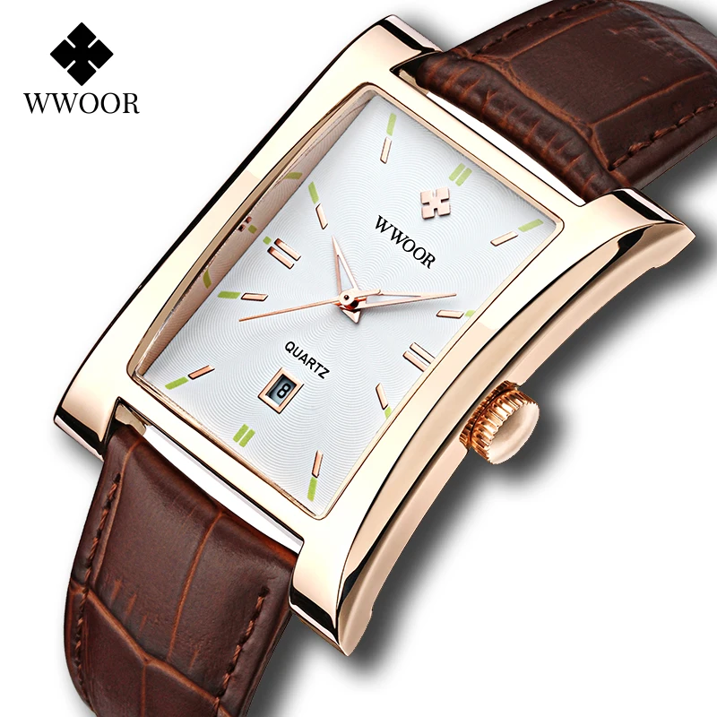 WWOOR брендовые классические модные мужские прямоугольные часы золотые коричневые