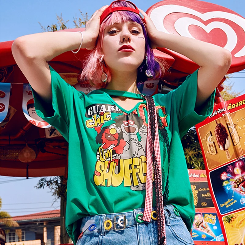 Ladies Spring Summer New V-Neck Green Casual T-Shirt Female Fashion Cartoon Printed Cute Tees Women Loose High Quality Top JQ656
Ladies Spring Summer New V-Neck Green Casual T-Shirt Female Fashion Cartoon Printed Cute Tees Women Loose High Quality Top JQ656