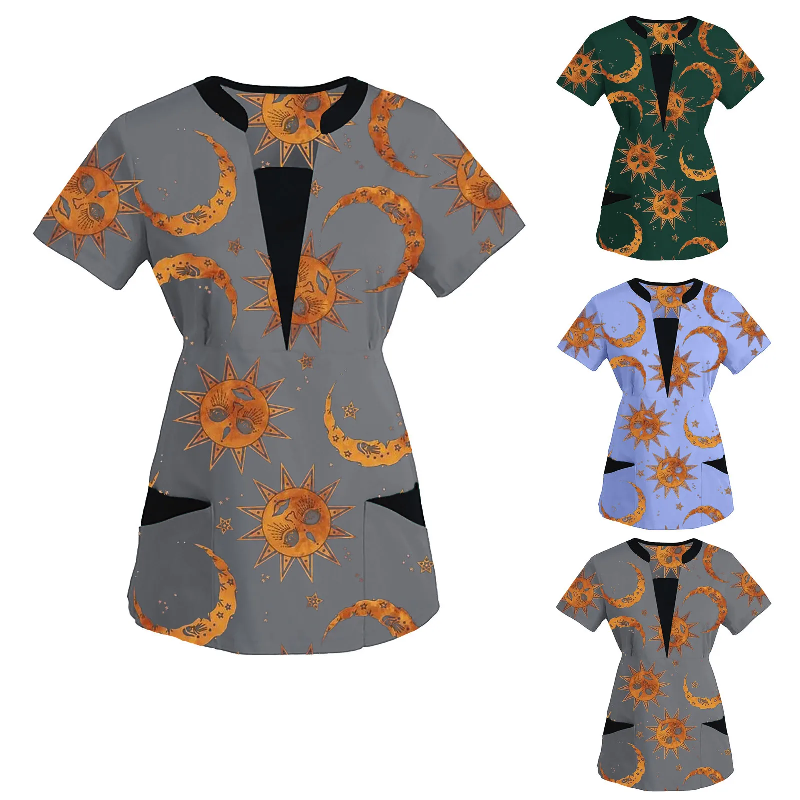 Health Care Workers Work Uniform Women Short Sleeve V-Neck Sun Moon Print T-shirt Patchwork Nursing Scrubs Tops With Pocket A50
Health Care Workers Work Uniform Women Short Sleeve V-Neck Sun Moon Print T-shirt Patchwork Nursing Scrubs Tops With Pocket A50