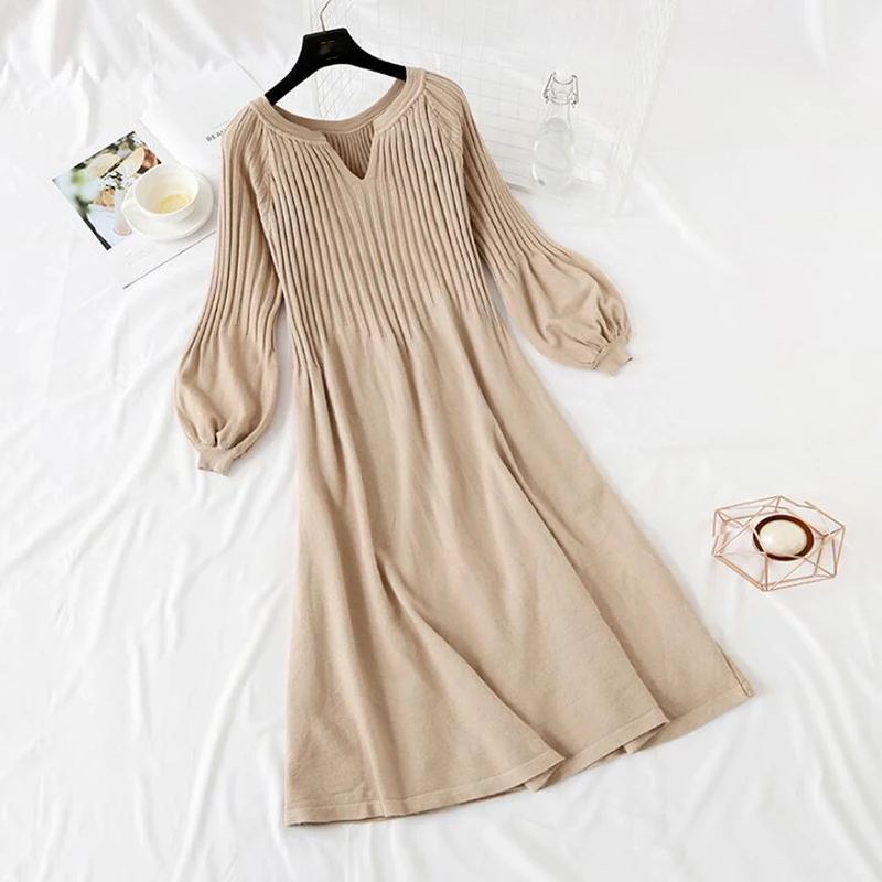 Autumn Winter Women Knitted Sweater Dress 2021 New Korean Lantern sleeve V Neck Elegant Long Dress Ladies Bottoming Loose Dress
Autumn Winter Women Knitted Sweater Dress 2021 New Korean Lantern sleeve V Neck Elegant Long Dress Ladies Bottoming Loose Dress