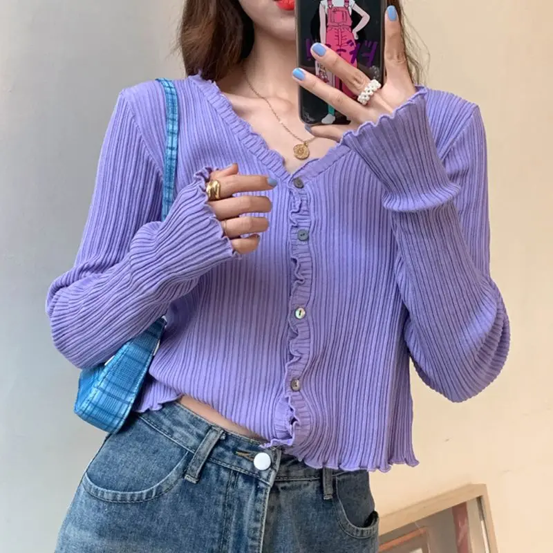 Women Summer Long Sleeve Sunscreen Cardigan Ribbed Knit Ruffles Sweater Crop Top Button Down Solid Color V-Neck Outwear
Women Summer Long Sleeve Sunscreen Cardigan Ribbed Knit Ruffles Sweater Crop Top Button Down Solid Color V-Neck Outwear
