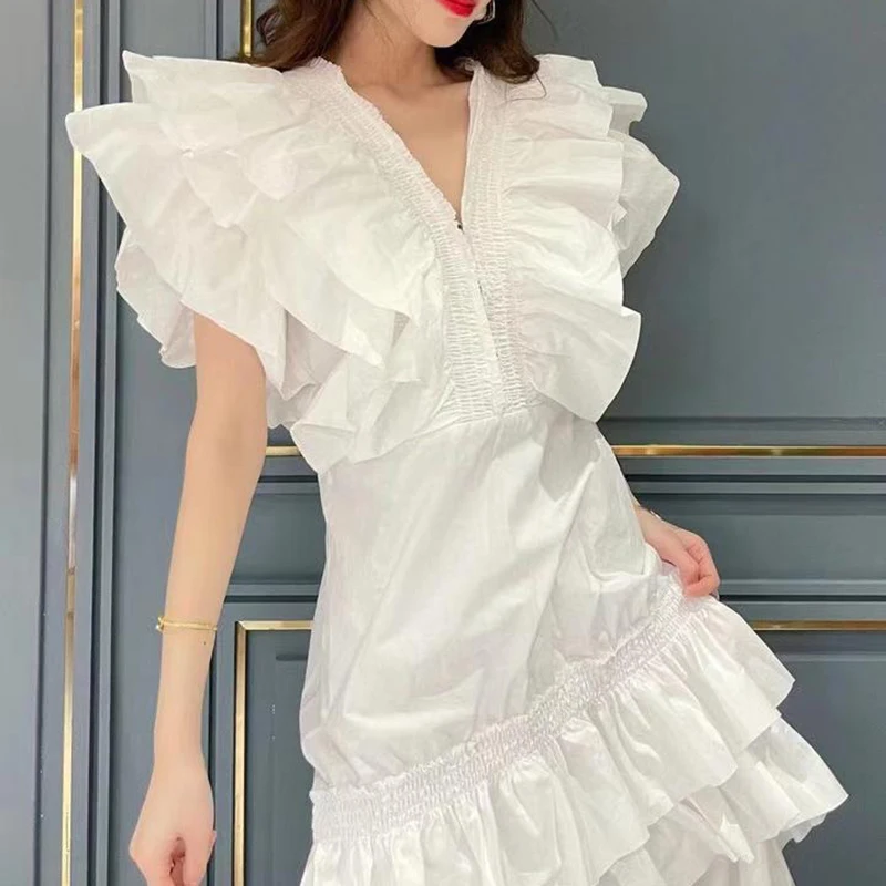 VGH White Patchwork Ruffle Dress For Women V Neck Short Sleeve High Waist Casual Maxi Dresses Female 2021 Summer Clothing Tide
VGH White Patchwork Ruffle Dress For Women V Neck Short Sleeve High Waist Casual Maxi Dresses Female 2021 Summer Clothing Tide