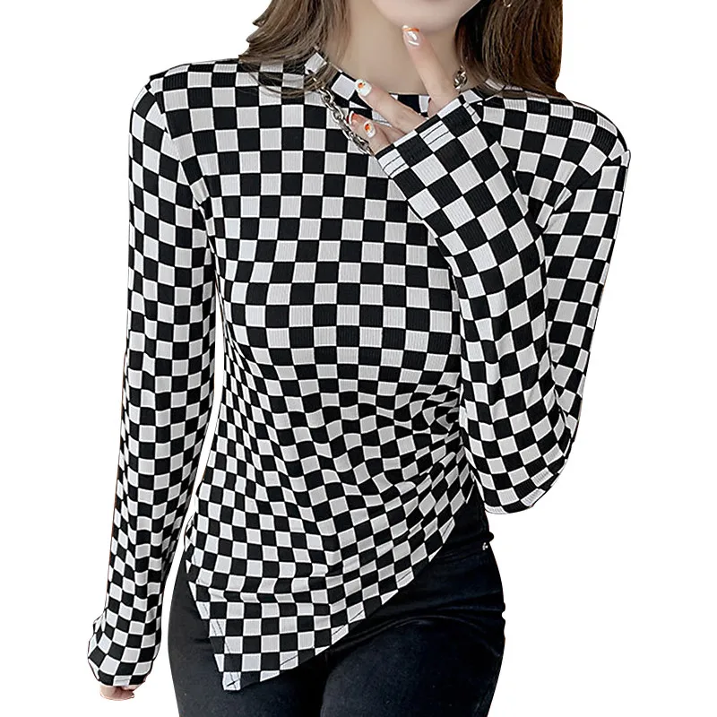 Women's Long Sleeve T-Shirt, Plaid Pattern Irregular Hem Crew Neck Street Style Tee Shirt, Casual Simple Tops
Women's Long Sleeve T-Shirt, Plaid Pattern Irregular Hem Crew Neck Street Style Tee Shirt, Casual Simple Tops