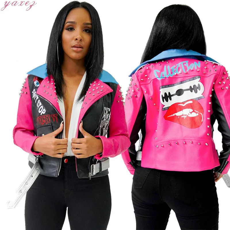 Women's Rivet Printing Lapel Contrast Color Zipper PU Leather Fashionable Coat Long-sleeve Short Jacket Women Jackets Female
Women's Rivet Printing Lapel Contrast Color Zipper PU Leather Fashionable Coat Long-sleeve Short Jacket Women Jackets Female