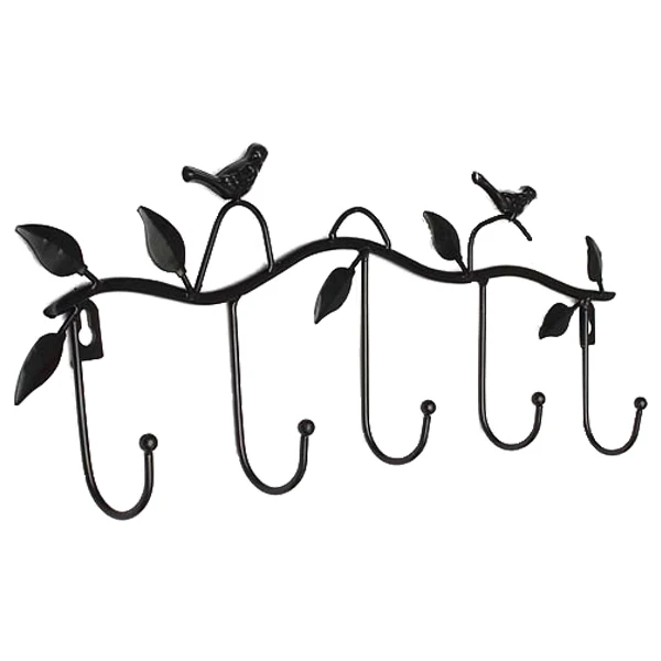 Iron Birds Leaves Hat/Towel/Coat Wall Decor Clothes Hangers Racks With 5 Hooks Black