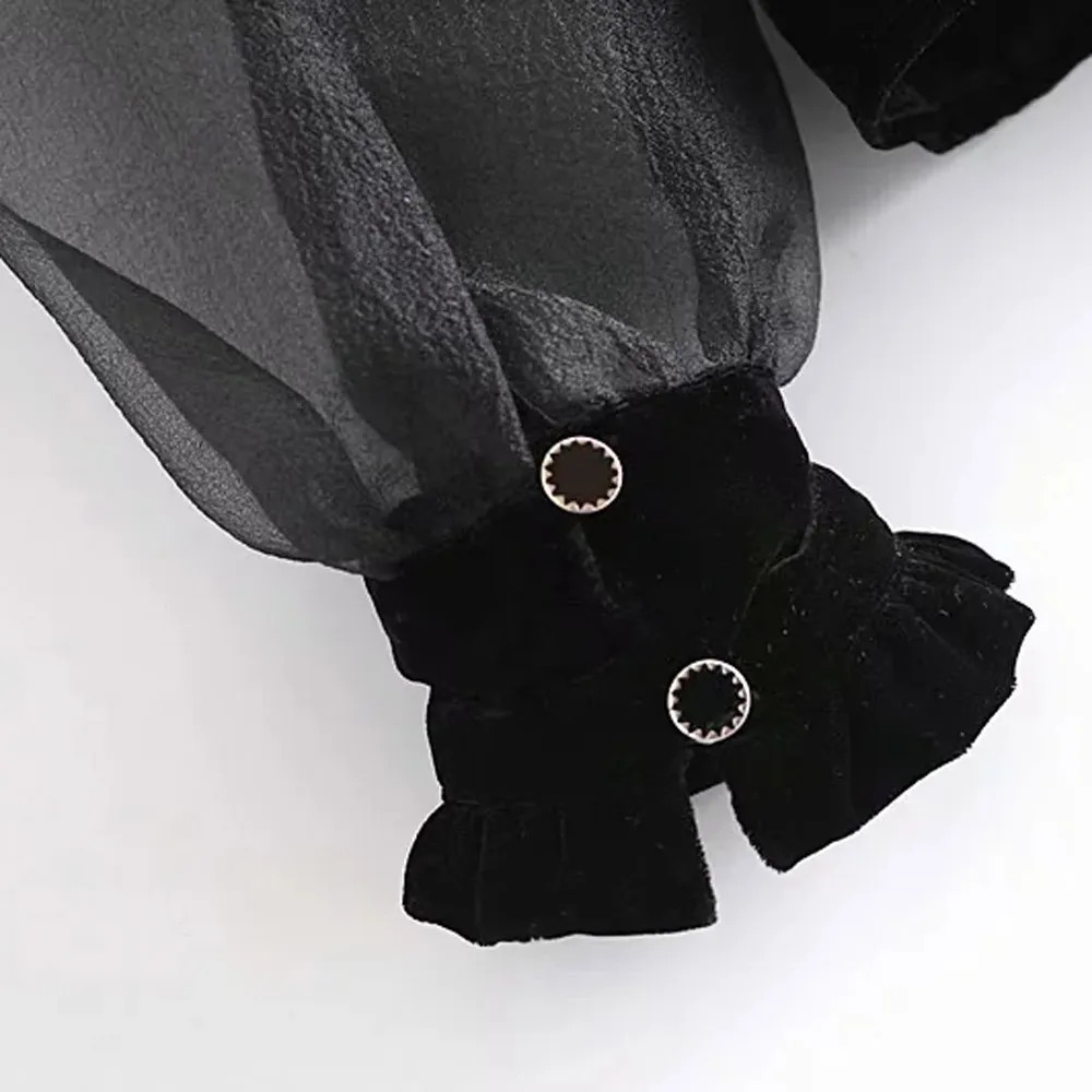 2020 Autumn Ruffle Mesh Patchwork Velvet Party Blouse Za Vintage Fashion Black Puff Sleeve Women Blouse Female O Neck Shirts
2020 Autumn Ruffle Mesh Patchwork Velvet Party Blouse Za Vintage Fashion Black Puff Sleeve Women Blouse Female O Neck Shirts