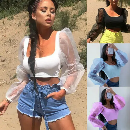 Summer Women Slim Casual Organza Bubble Sleeve Cropped Tops Sheer Low cut Mesh Puff Sleeve Shirts Crop Tops Stylish Sexy Blouse 
Summer Women Slim Casual Organza Bubble Sleeve Cropped Tops Sheer Low cut Mesh Puff Sleeve Shirts Crop Tops Stylish Sexy Blouse
