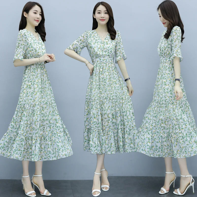 Dresses For Women 2021 Summer Chiffon Green Dress Floral Long Skirt Fashion Ruffle Short Sleeve V-Neck Robe Femme Sukienka
Dresses For Women 2021 Summer Chiffon Green Dress Floral Long Skirt Fashion Ruffle Short Sleeve V-Neck Robe Femme Sukienka