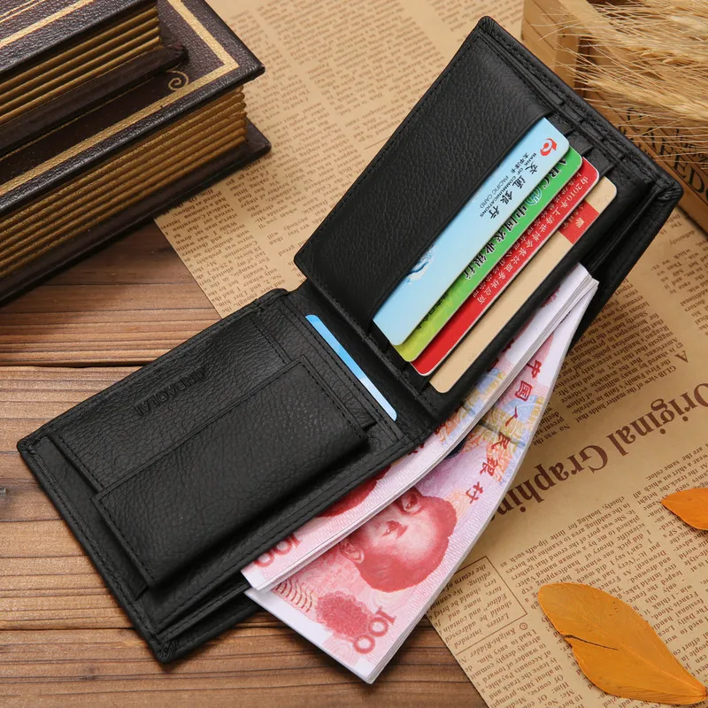 Мужской кошелек из 100% натуральной кожи короткий черный бумажники для мужчин