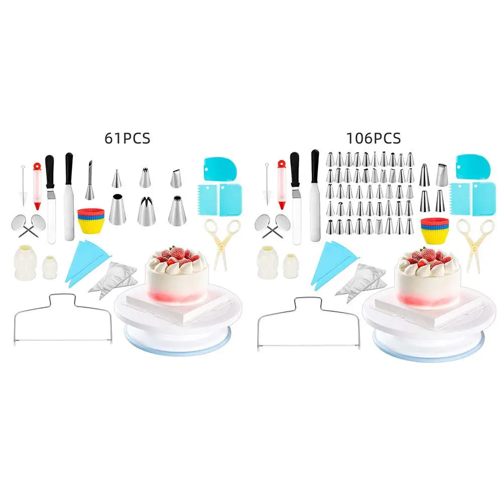 Cake Turntable Set 106pcs Silicone Kitchen Flower Mouth Muffin Cup Two-Line Layerer Baking Tools Cake Decoration Tool Set 61pcs
Cake Turntable Set 106pcs Silicone Kitchen Flower Mouth Muffin Cup Two-Line Layerer Baking Tools Cake Decoration Tool Set 61pcs