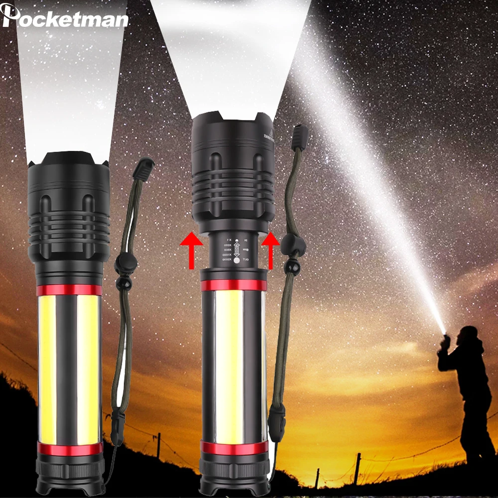 Brightest XHP70+COB LED Flashlight 7modes Flash Light Rechargerable Zoom Waterproof Torch Lanterna Built-in 7200mAh for Camping
Brightest XHP70+COB LED Flashlight 7modes Flash Light Rechargerable Zoom Waterproof Torch Lanterna Built-in 7200mAh for Camping