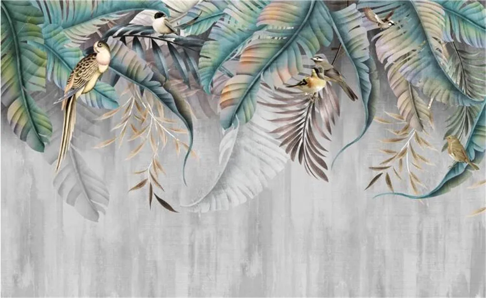Большие фотообои Milofi на заказ роспись растений Листьев цветов птиц ТВ декор для