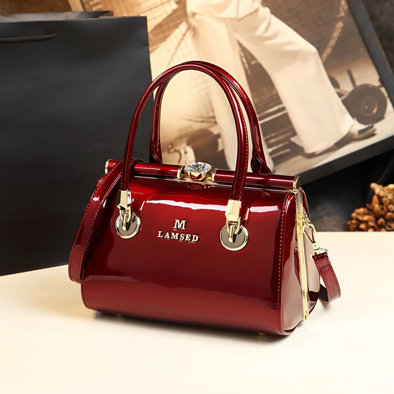 

New Fashion Top Handle Bag High Quality Patent Leather Women's Handbags Boston Messenger Bags Ladies Red wedding Clutches Clip